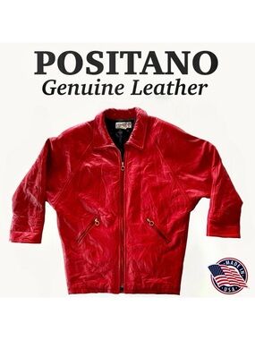 Leather Positano Jacket Front Zip Dolman Sleeves Quilted Lining Pockets Red